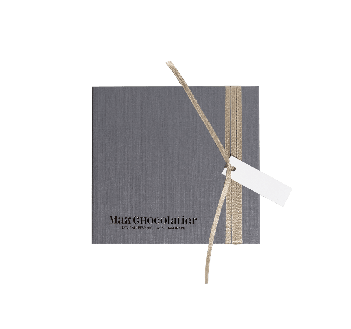 Pralinenschachtel Violett mit Goldenem Band und Tag message für 16 Pralinen - Max Chocolatier