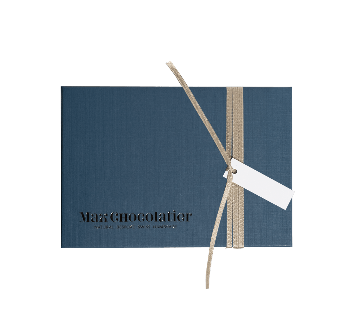 Pralinenschachtel Blau mit Goldenem Band und Tag message für 24 Pralinen - Max Chocolatier