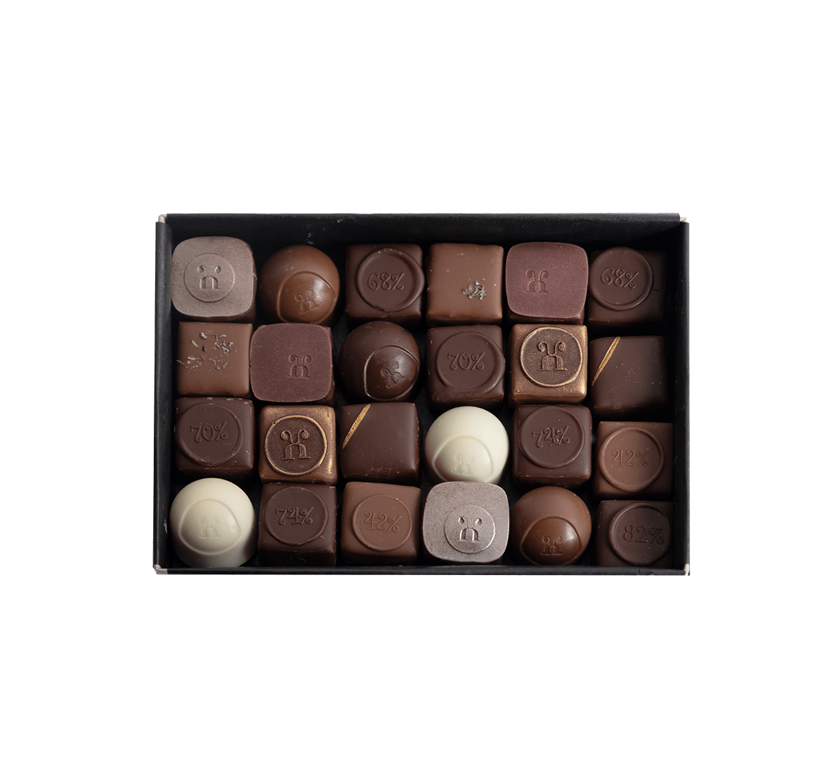 Pralinenschachtel offen für 24 Pralinen Frühling alkoholfrei blau mit silbernem Band - Max Chocolatier