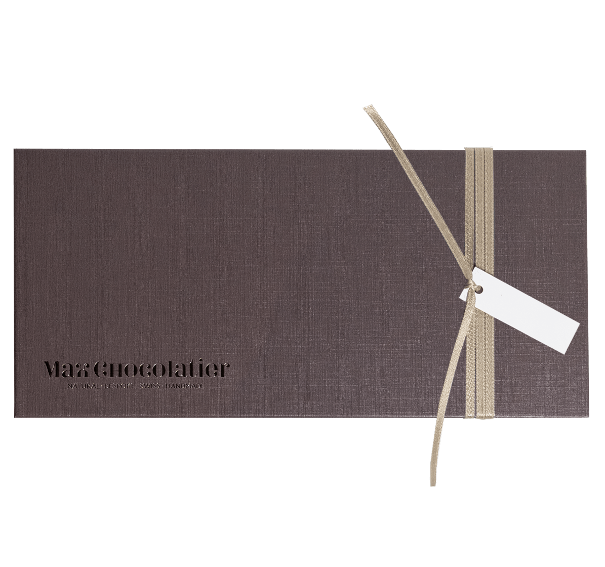 Braune Pralinenschachtel mit Goldenem Band und Tag message für 36 Pralinen - Max Chocolatier