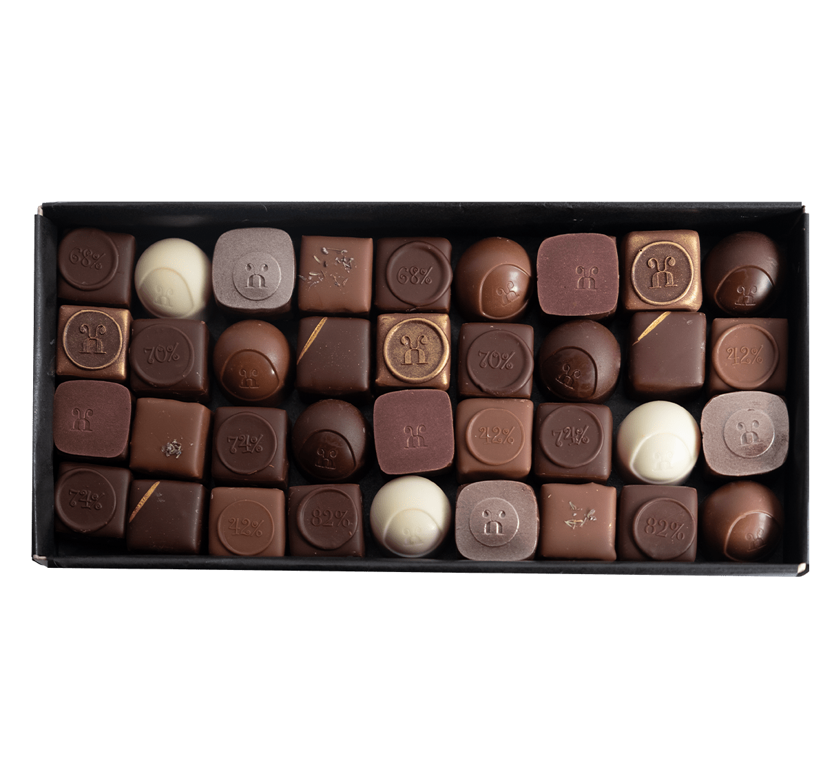 Pralinenschachtel offen mit 36 Stück Pralinen Frühling - Max Chocolatier