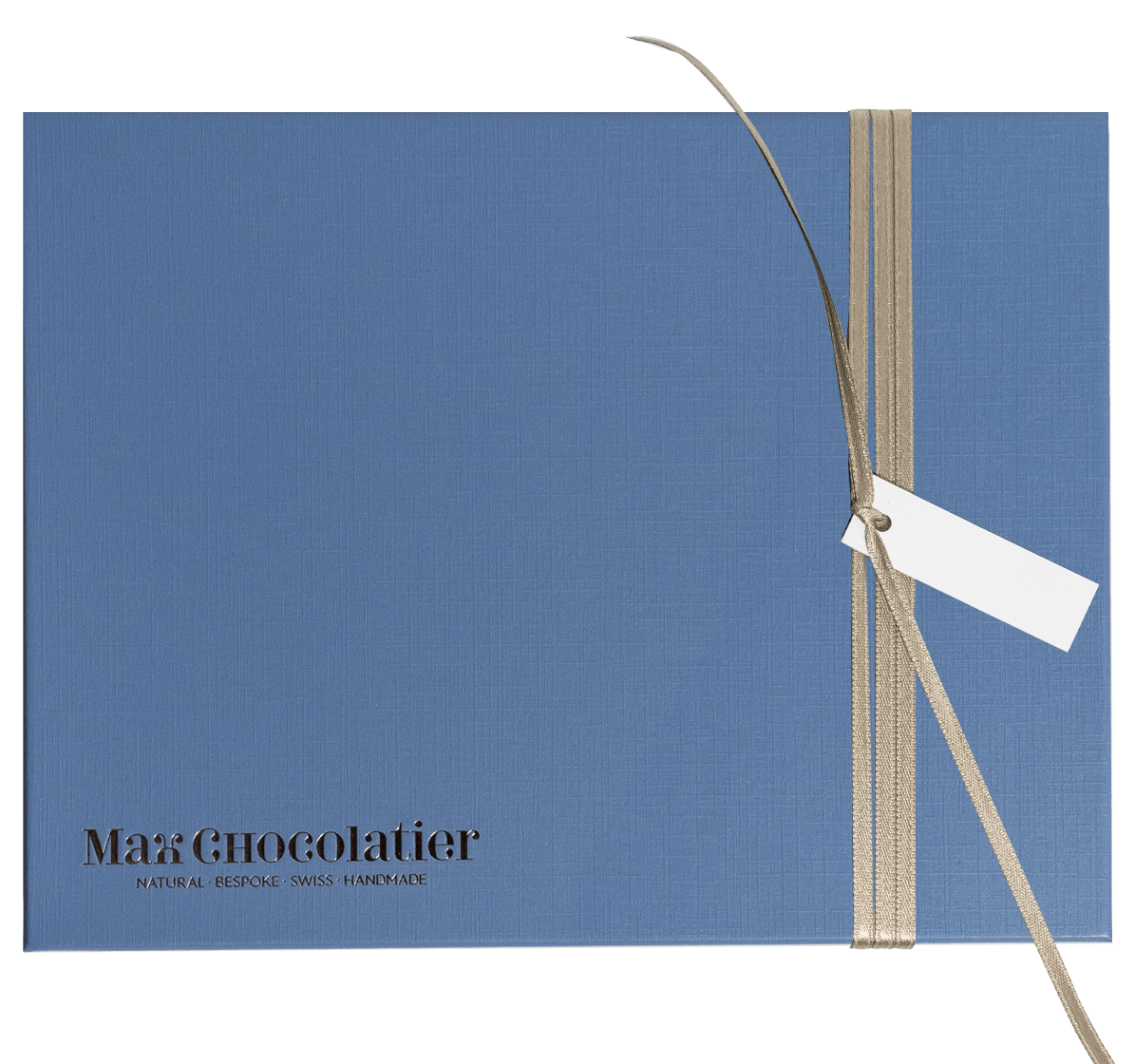 Blaue Pralinenschachtel mit Goldenem Band und Tag message für 48 Pralinen - Max Chocolatier