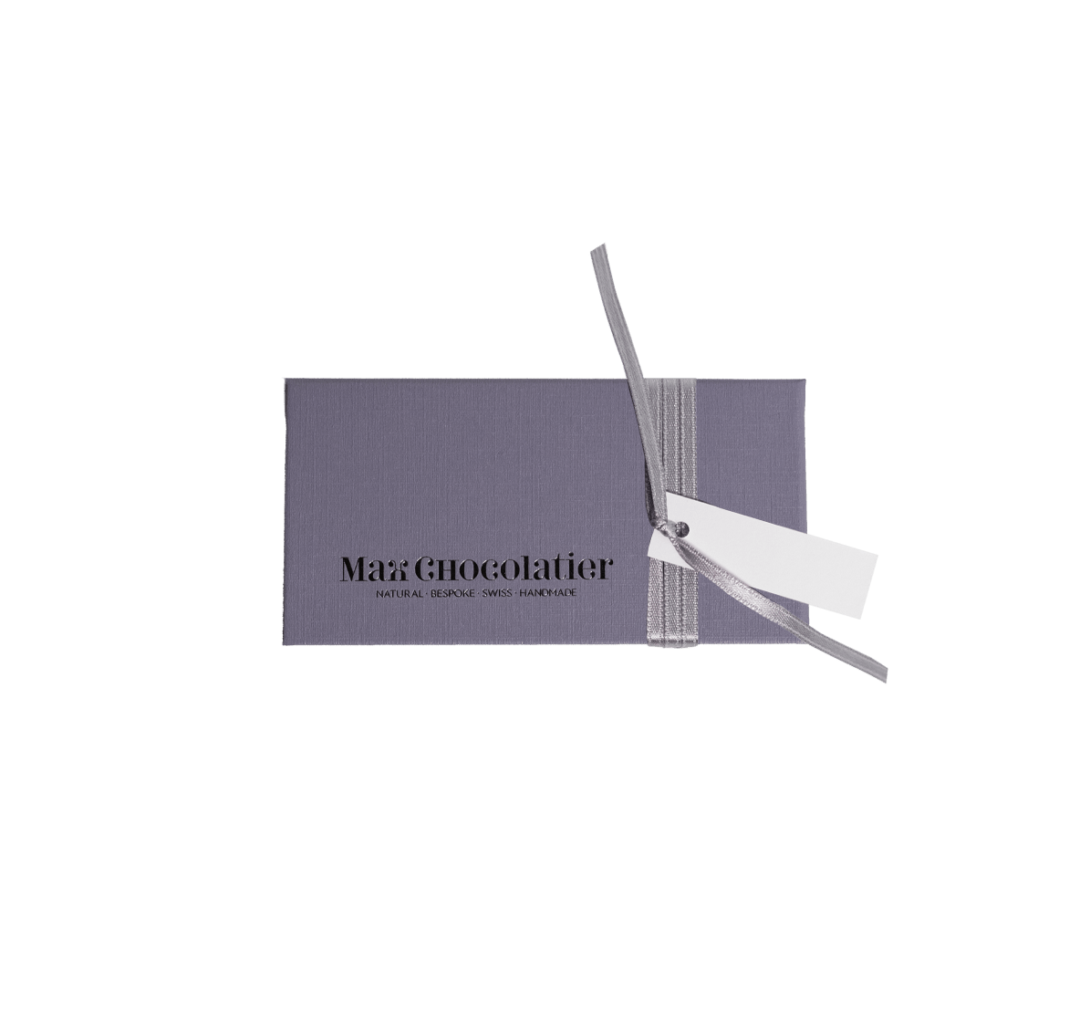 Pralinenschachtel Vieolett mit Silbernem Band und Tag message für 8 Pralinen - Max Chocolatier