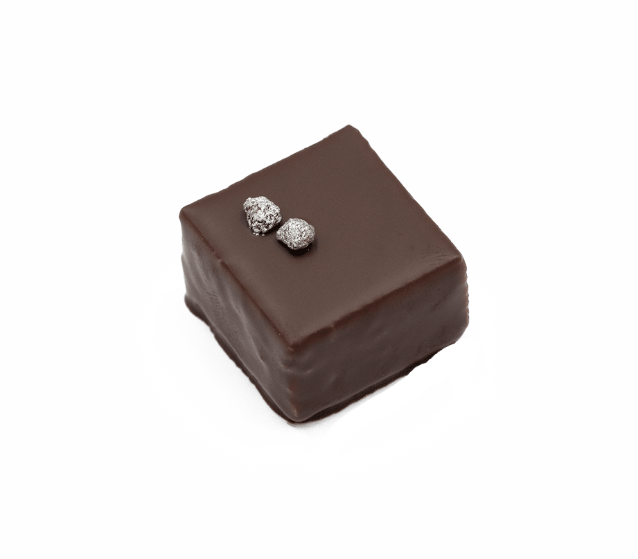 Handgemachte Schnittpraline mit Weisser Ganache mit Luzerner "Frakmont" Gin umhüllt von dunkler Schokolade - Max Chocolatier