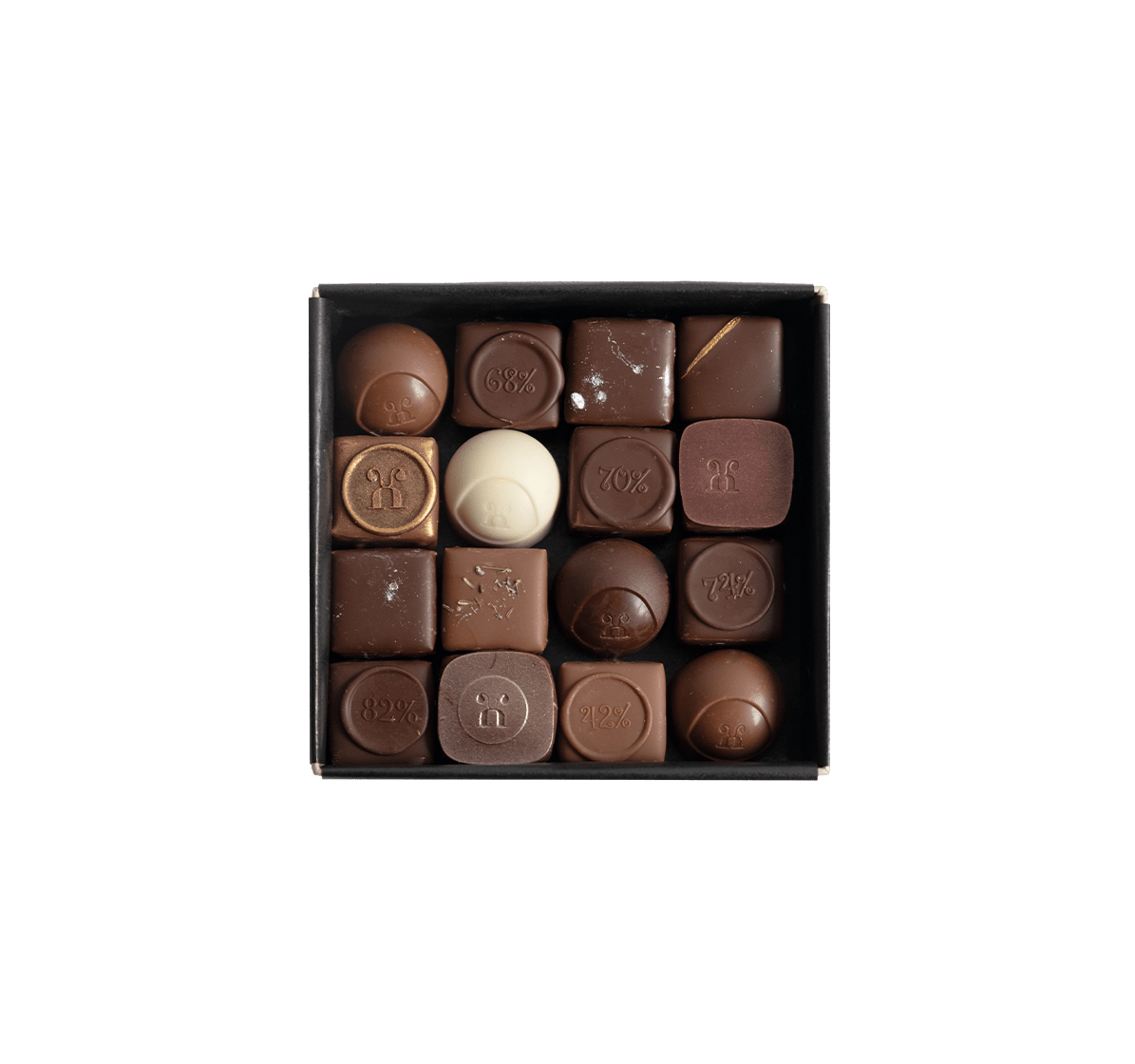 Pralinenschachtel offen mit 16 Stück Pralinen Frühling - Max Chocolatier