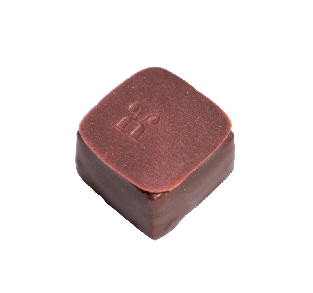 Handgemachte Schnittpraline mit Joannisbeergelee und Mandel-Gianduja umhüllt von dunkler Schokolade- Max Chocolatier