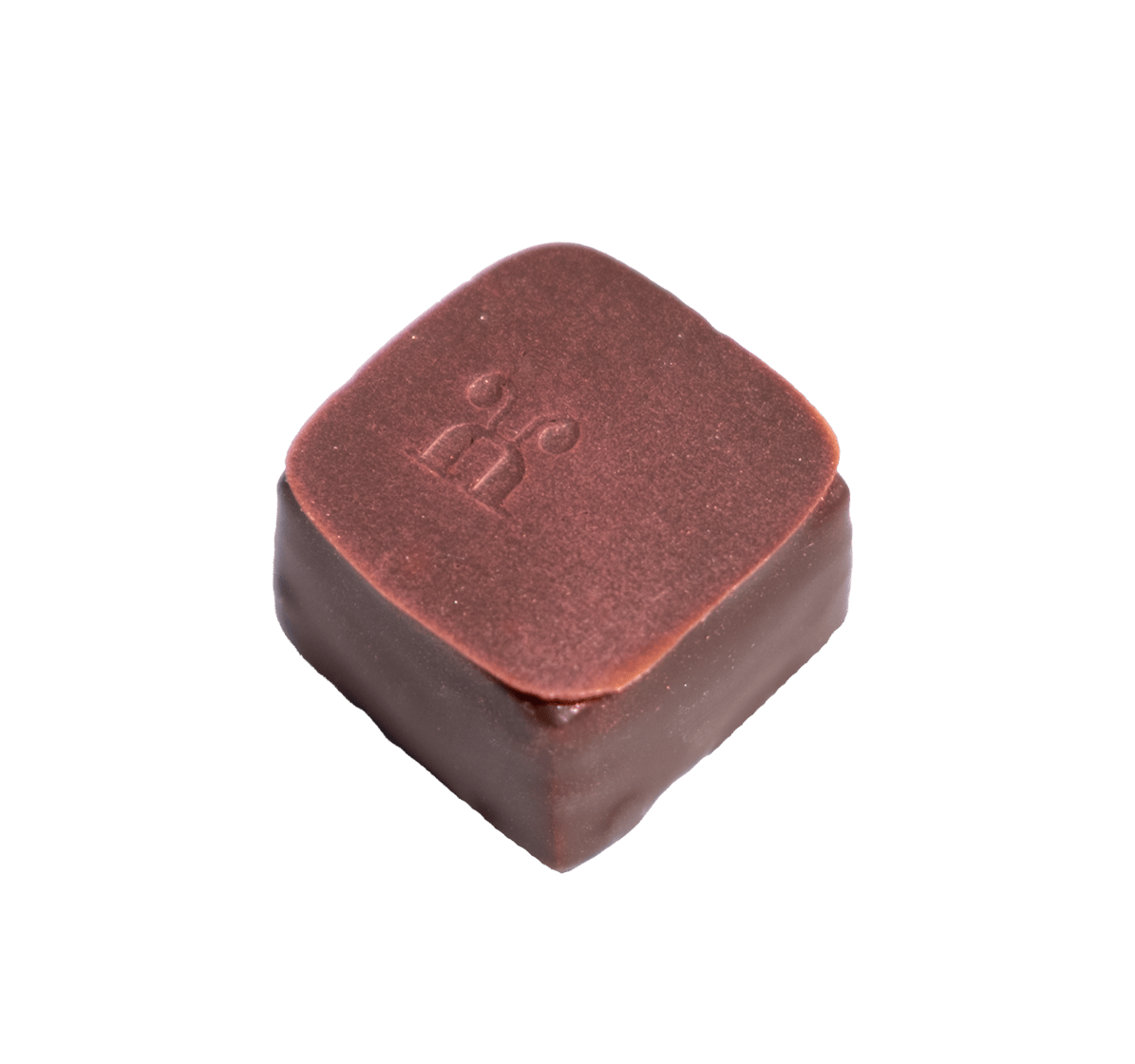 Handgemachte Schnittpraline mit Joannisbeergelee und Mandel-Gianduja umhüllt von dunkler Schokolade- Max Chocolatier